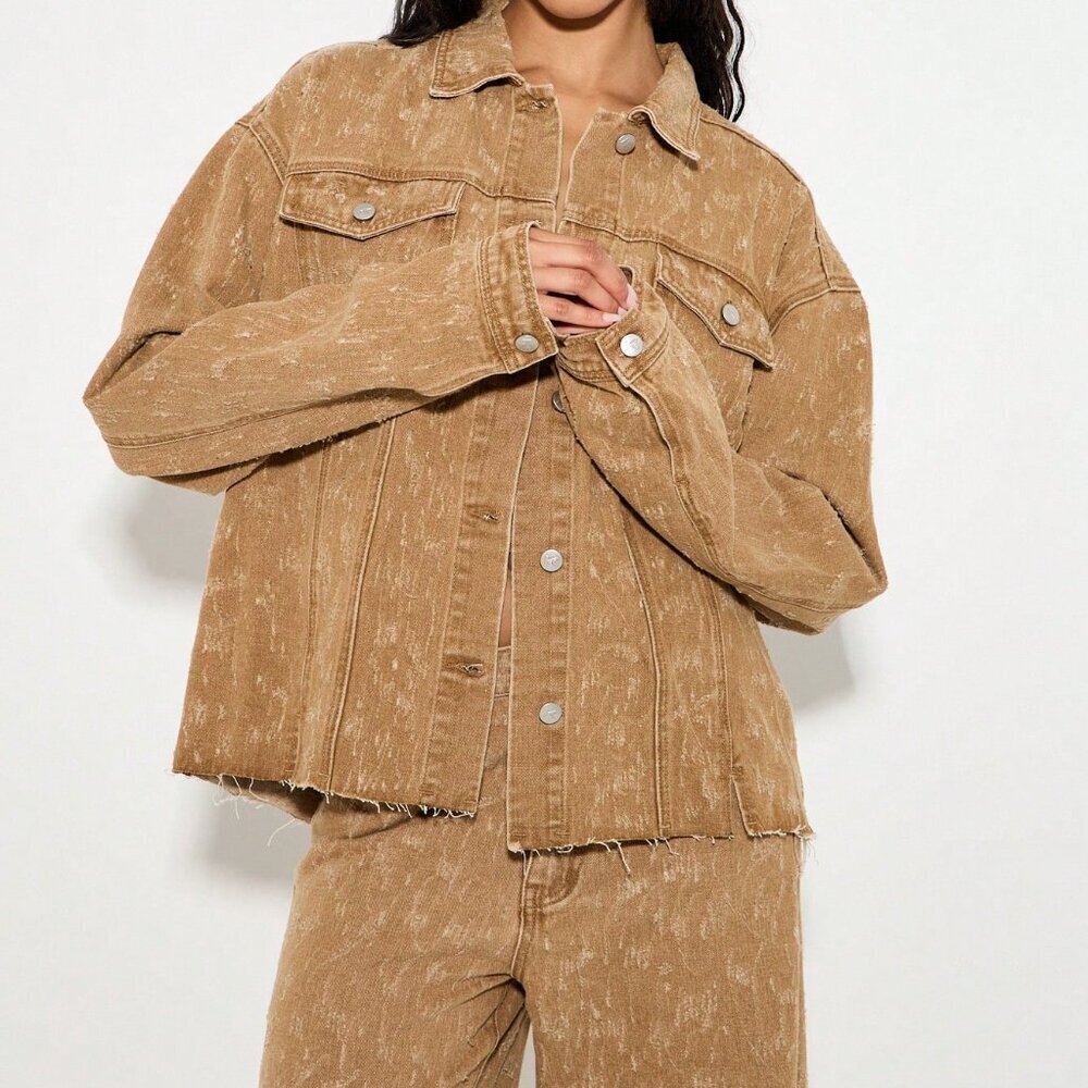 Brown Casual Women's Oversized Denim Trucker Jacket